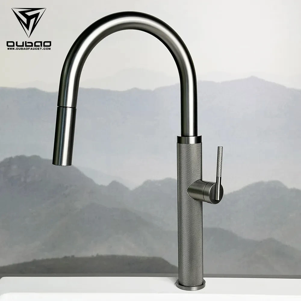 

Modern kitchen faucet Grey rotary type with spray Pull down kitchen faucet