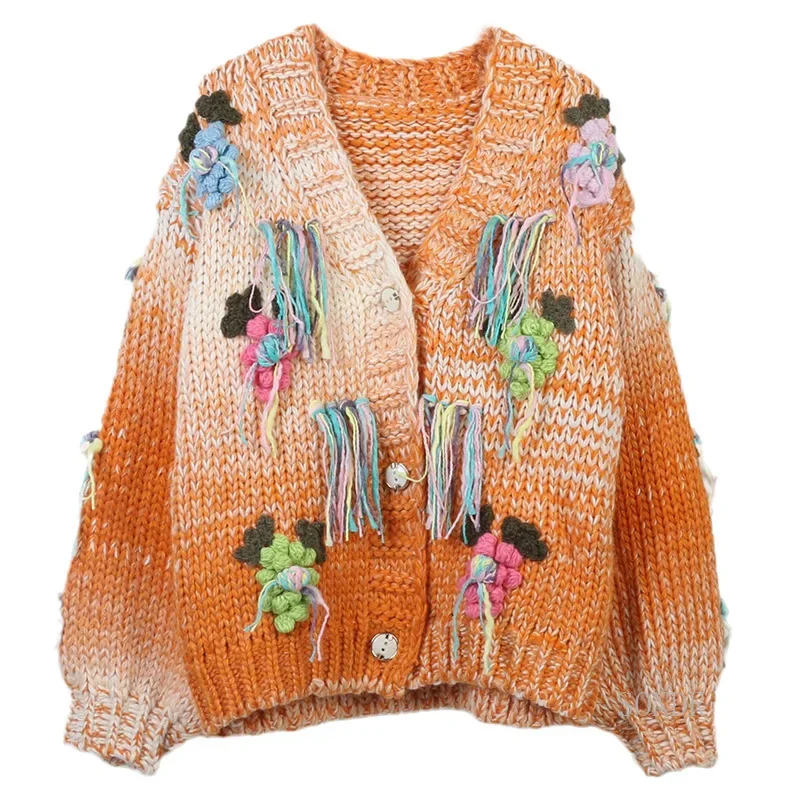 Cardigan tricoté au crochet avec pompon floral pour femme, pull à col en V, tricots amples, veste vintage, épais, 3D, hiver