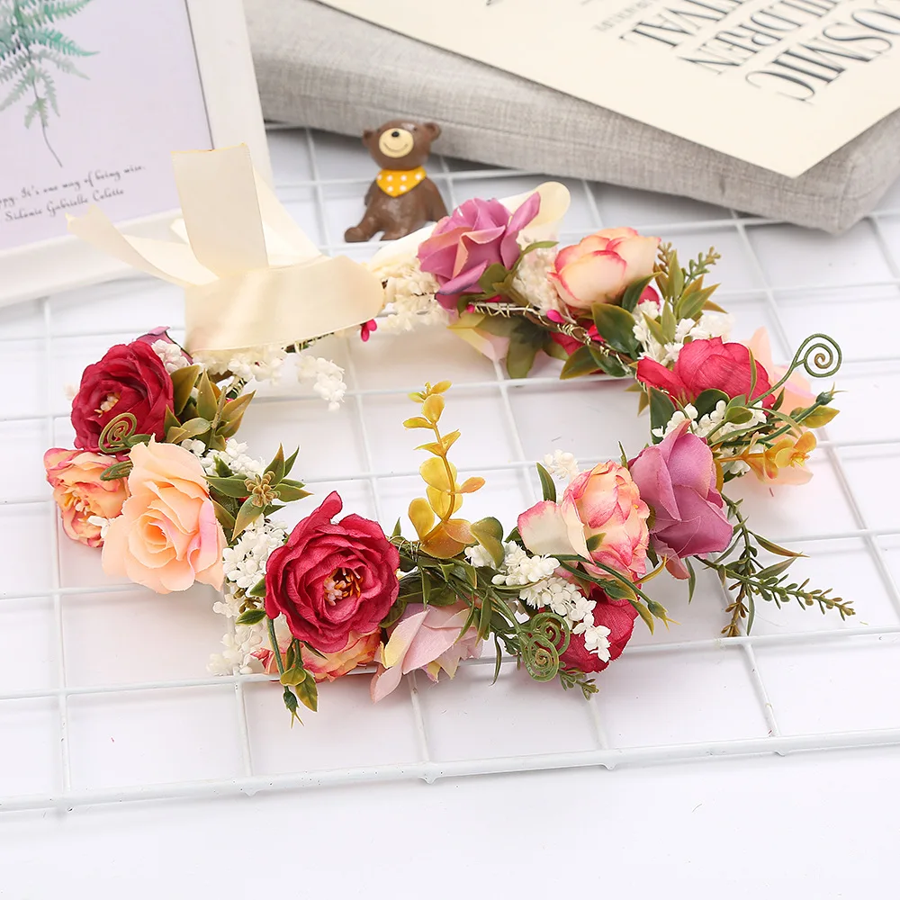 Woman Retro style headdress hay flower crown garland seaside holiday wedding garland camellia wreath crown boho hair accessories