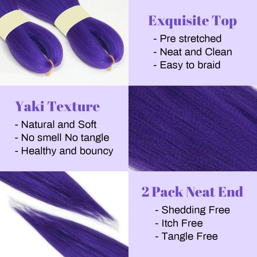Long Purple Braiding Hair PreStretched Synthetic Hair Extensions with Yaki Texture for Braids Ideal for Stage Performances Part
