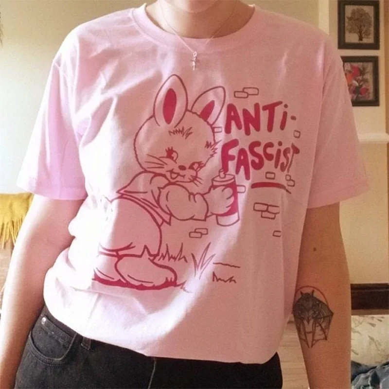 

Anti Fascist Funny Rabbit Printed Women Graphic Tshirt Short Sleeve Cute Tees Loose Pacifist Casual Shirts