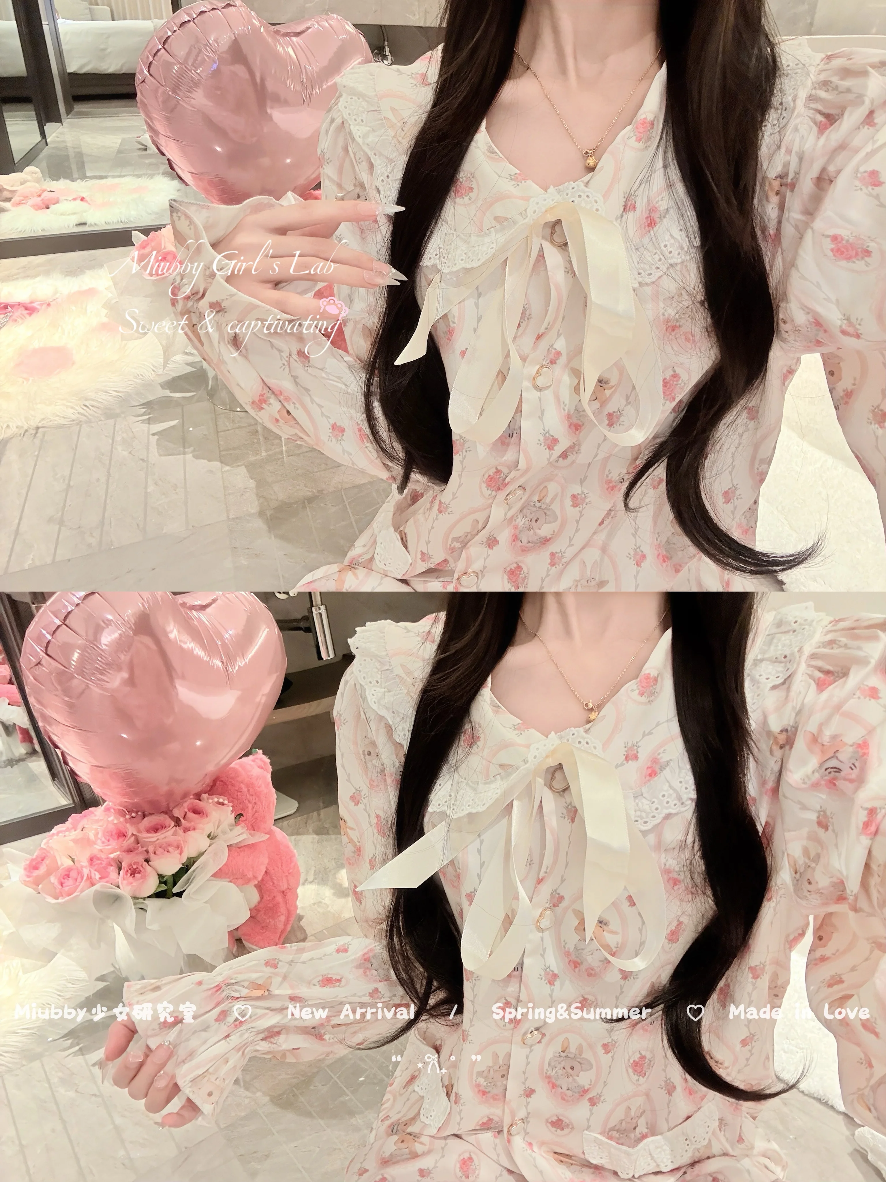 Japanese Original Sweet Girl Cartoon Printed Pajamas Lace Doll Collar Ice Silk Cool Long-sleeved Loungewear Set