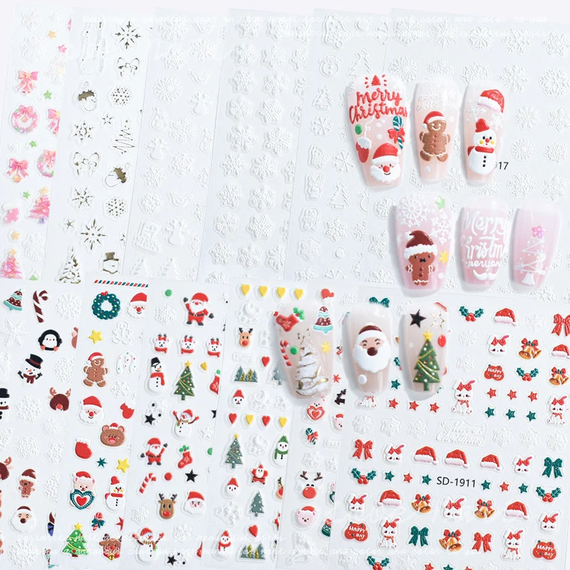 1 folhas em relevo natal floco de neve arte do prego adesivos papai noel adesivo decalques de unhas ano novo manicure suprimentos