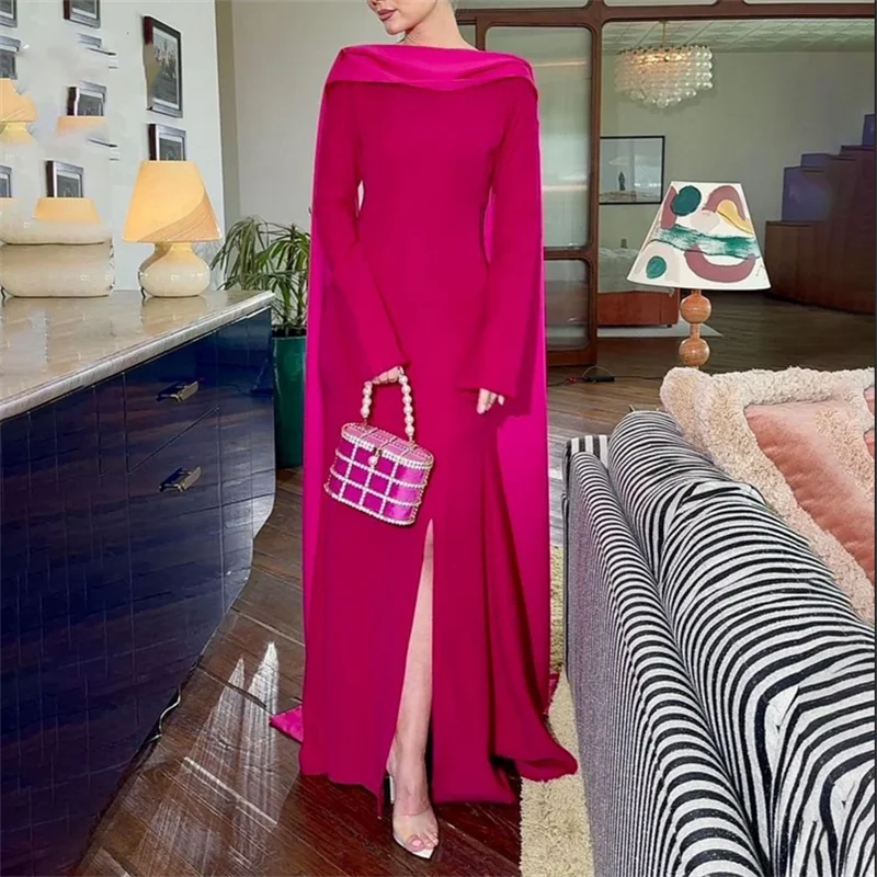 

Вечернее платье цвета фуксии с круглым вырезом, атласное вечернее платье с длинными рукавами فساتين السهرة с разрезом и украшениями на заказ