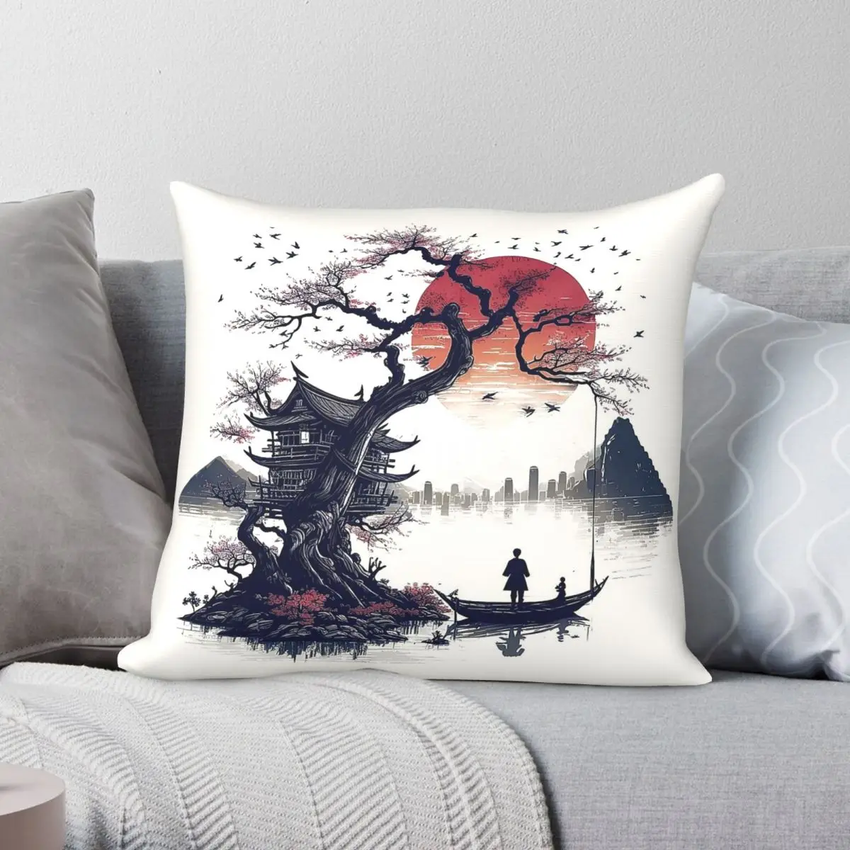 Japanese Dream Sakura Sunset Square Pillowcase Polyester Linen Velvet Printed Decor Throw Pillow Case Room Cushion Wholesale