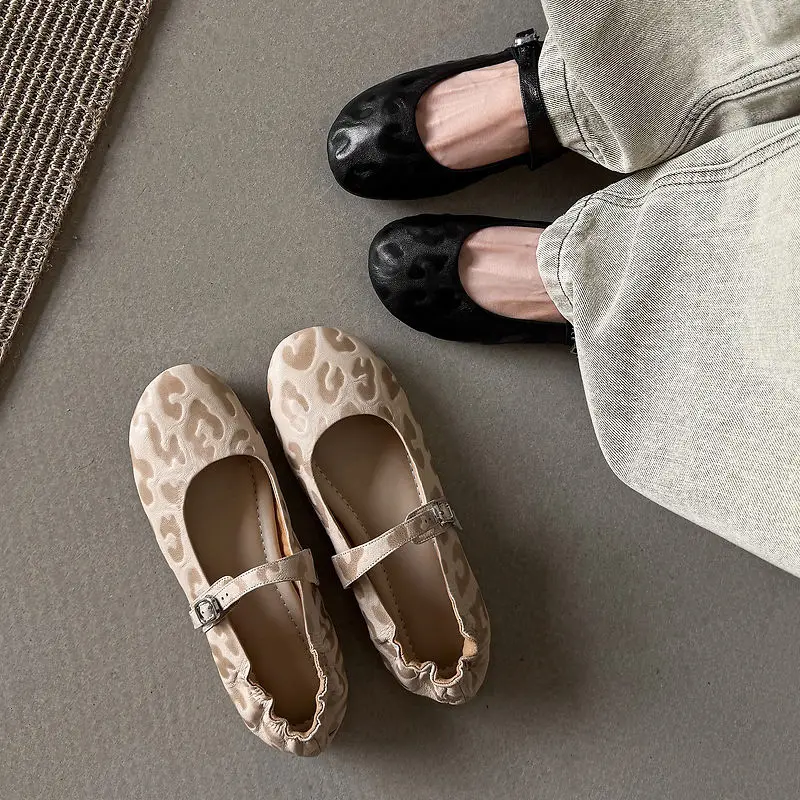 2026 new spring autumn women pumps natural leather 22-25cm sheepskin+pigskin+microfibe Leopard buckle mary janes women shoes
