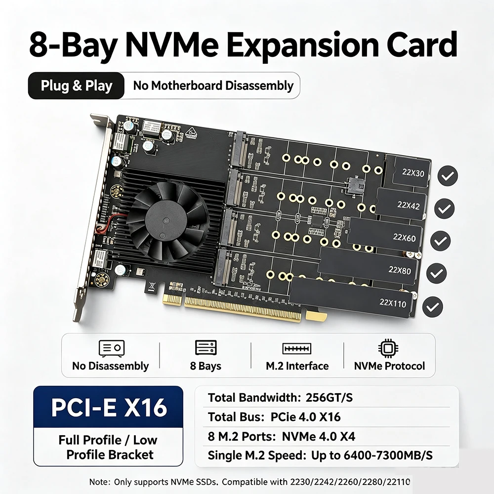 8‑Port M.2 NVMe PCIe 4.0 X16 Expansion Card PM40052  No Motherboard Bifurcation Required Support 2230‑22110 M.2 M‑Key SSD