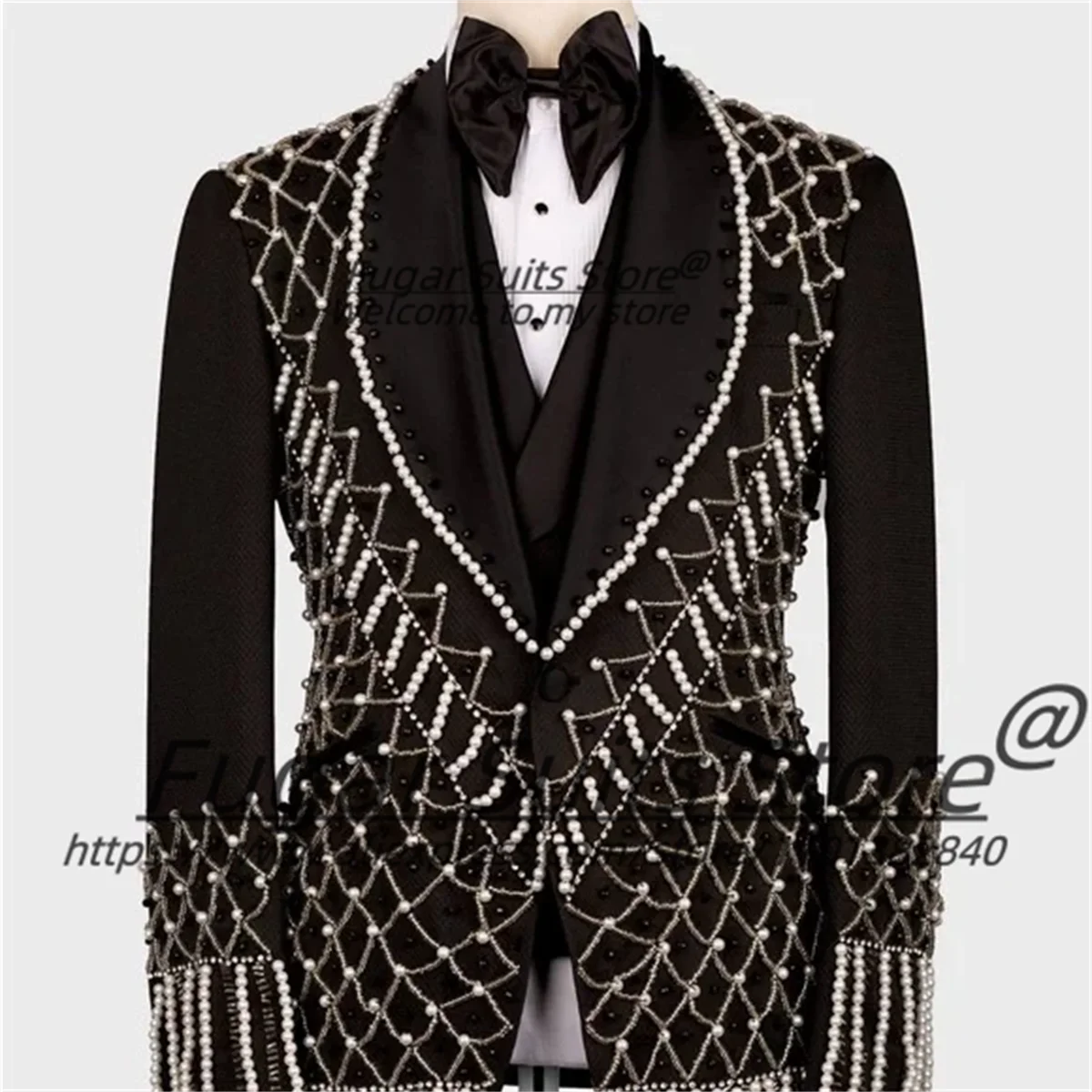 

Shine Beadwork Elegant Men Suits Slim Fit Shawl Lapel Groom Wedding Tuxedos 3 Pieces Sets High-end Male Blazers Prom Ropa Hombre