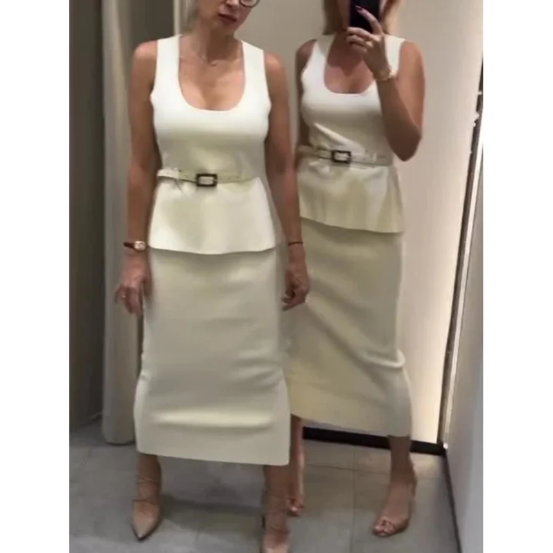 

Elegant Chic Women's Knitted Suit with Belt Sleeveless Vest Long Straight Skirt Summer Office Fashion 2025 New Style