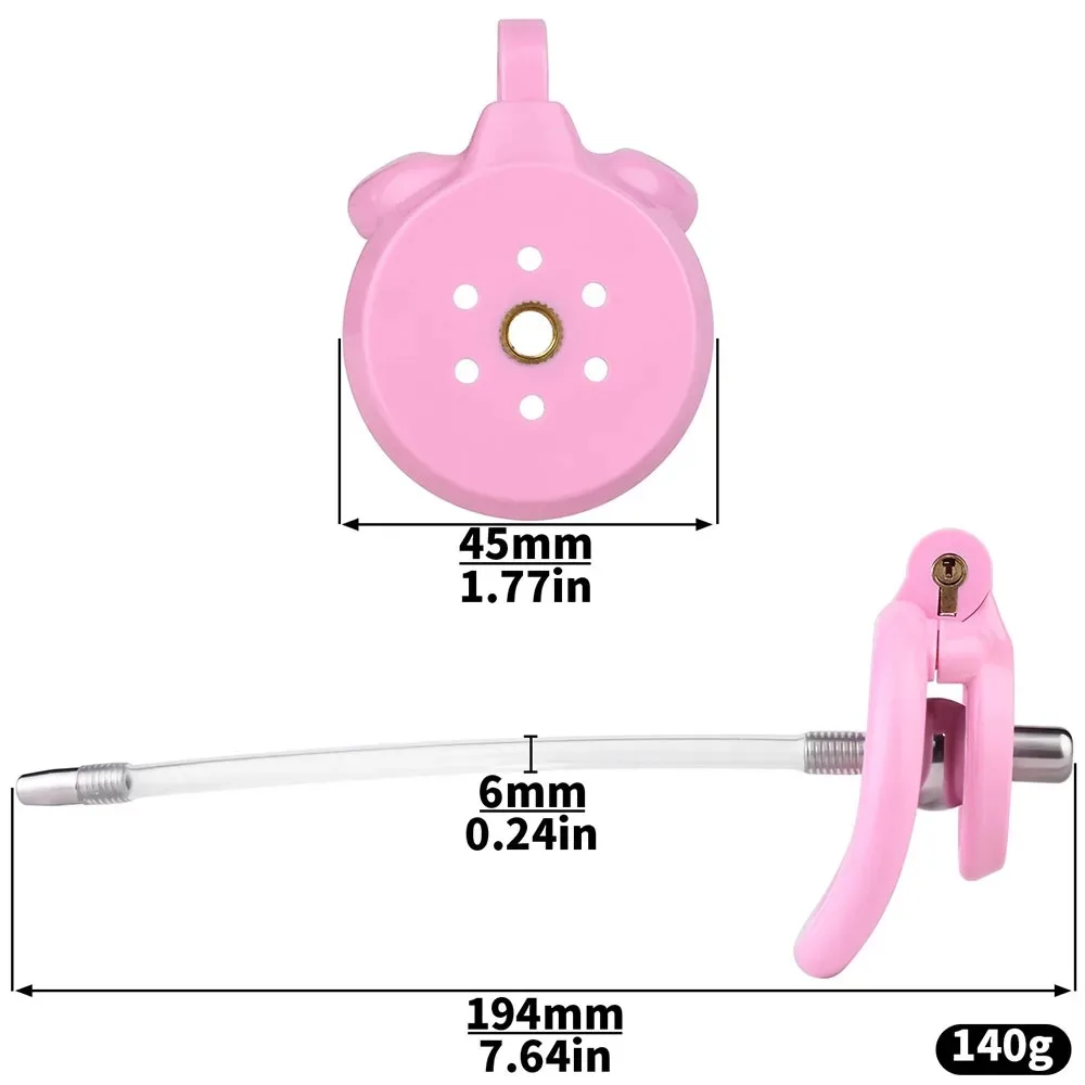 Gaiola de castidade com botão de resina, gaiola plana com trava invertida, cateter uretral removível, anel peniano de 4 tamanhos, brinquedo sexual sissy masculino
