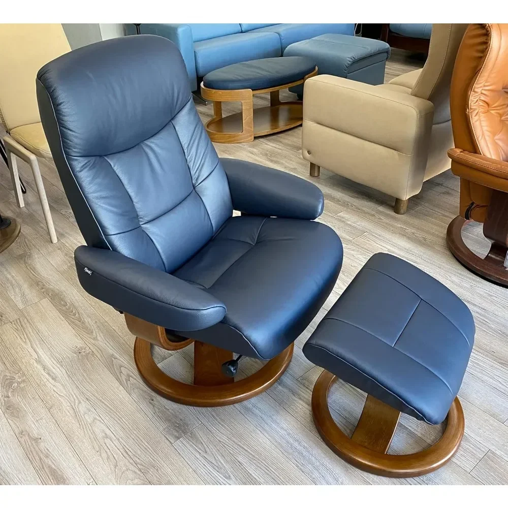 Recliner Chair Leather Norwegian Ergonomic Scandinavian Lounge Reclining Chair，Navy Blue Leather Cherry Wood Floor Chair Sofa