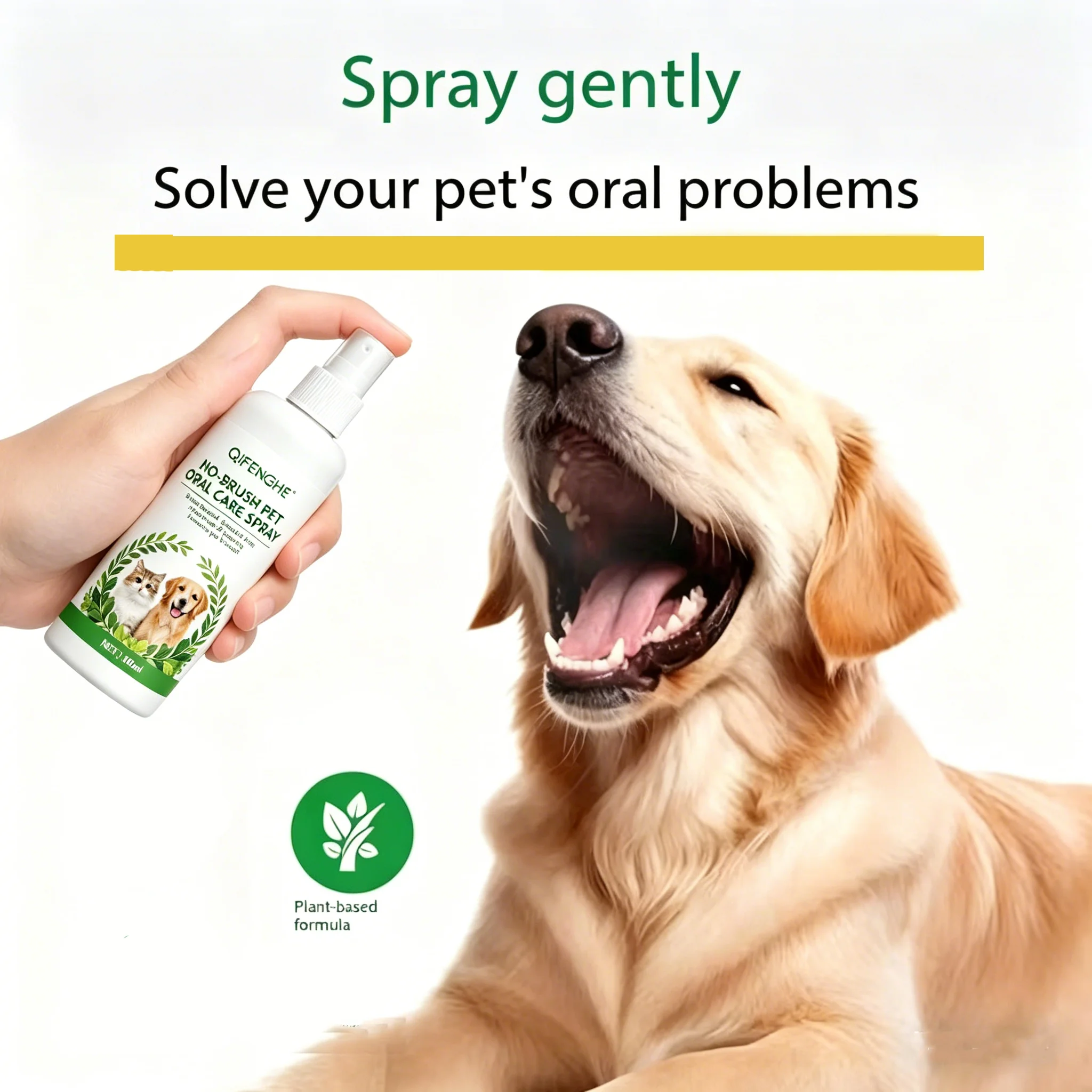 No-Brush Pet Oral Care Spray, Plant-Based Alcohol-Free Mild Formula, Freshens Pet Breath Maintains Oral Hygiene, Lightweight Eas