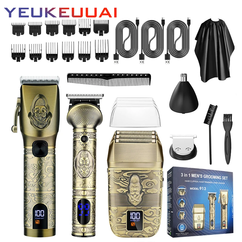 Unicorn 3-in-1 Metal Retro Hair Trimming Set, High Range Electric Hair Clipper, Deep Cleaning Shaver, Carving Electric Push Clip