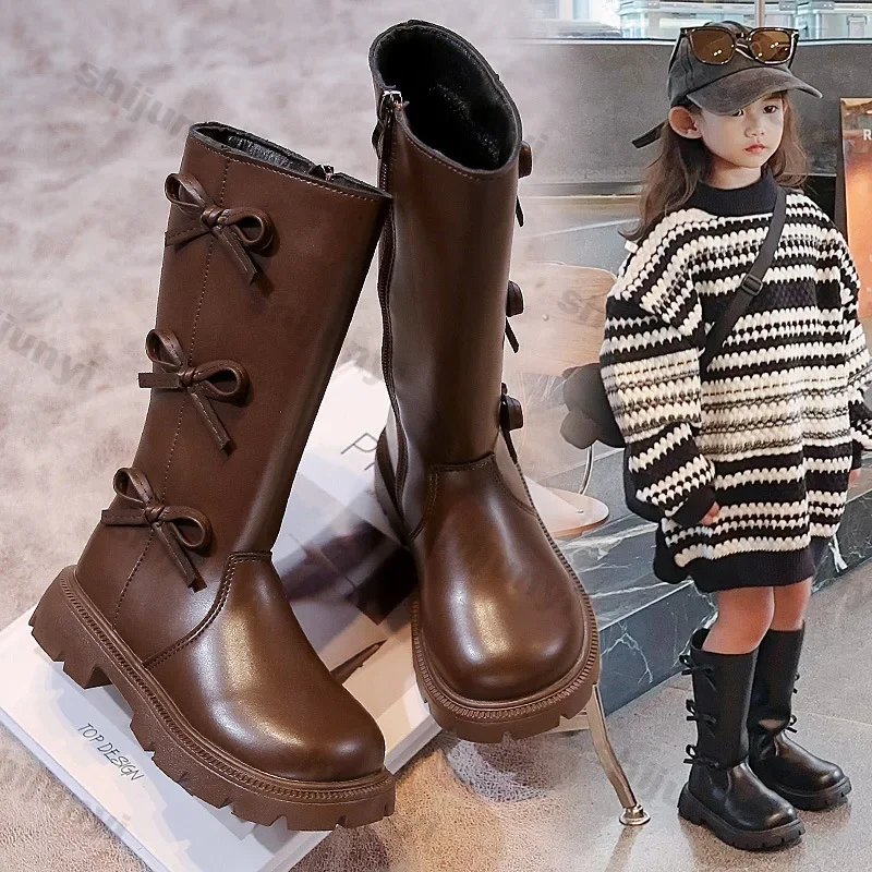 Children's Casual High Boots Autumn Winter Fashion Round Toe Zipper Girls Soft Princess Elegant Bows Soft Leather Warm Boots