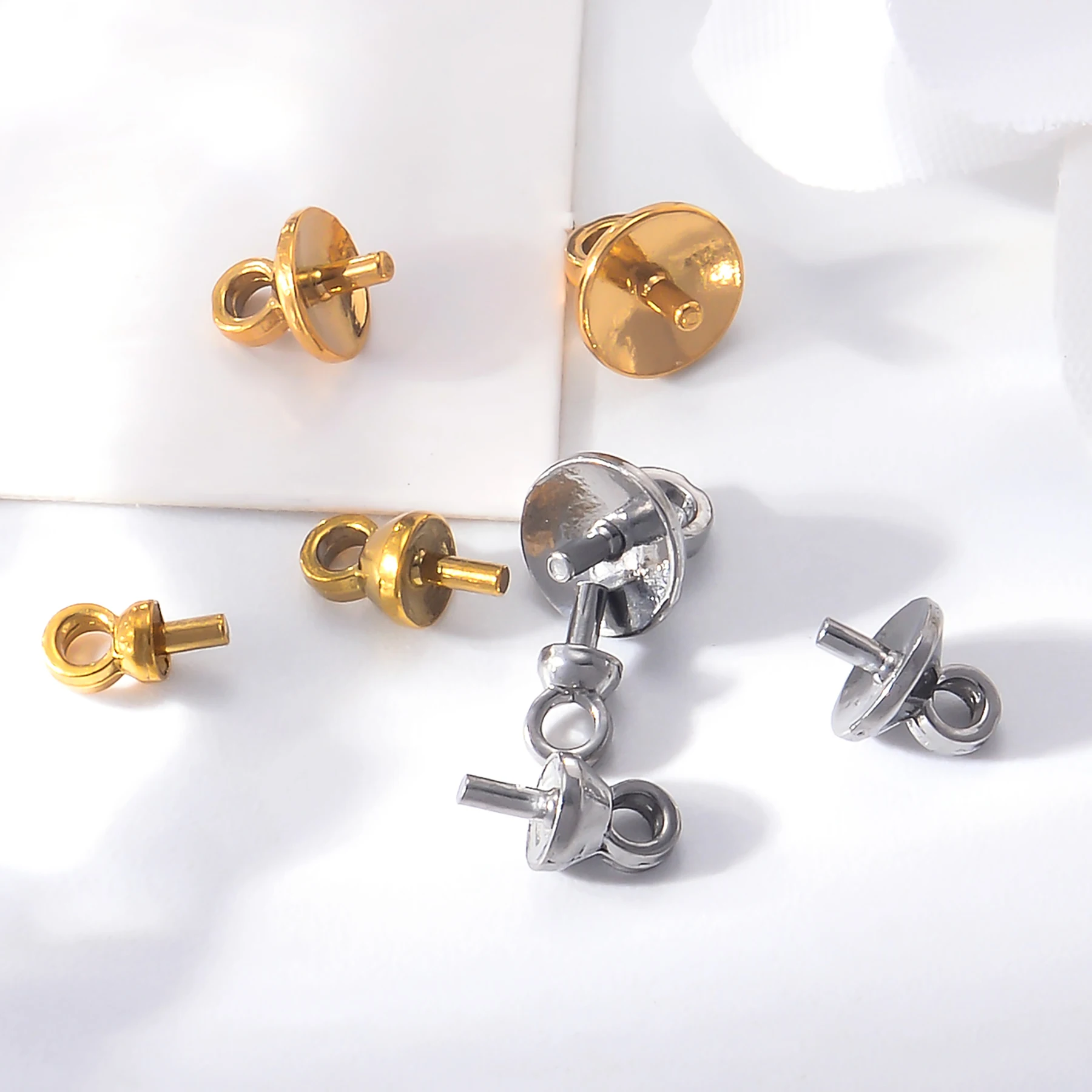 6pcs Stainless Steel Eye Pin Peg Bail Pearl Cup with Loop Connector Half-drilled Beads Charms for Making DIY Necklace Pendant