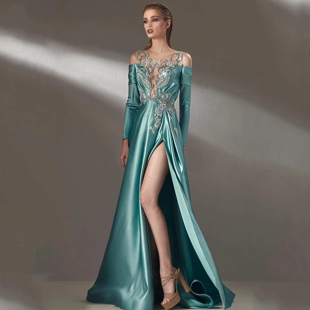 

Exquisite Scoop Long Sleeve Applique Evening Dress Pleat Sexy High Side Slit A-Line Floor Length Illusion Tulle Back Gowns