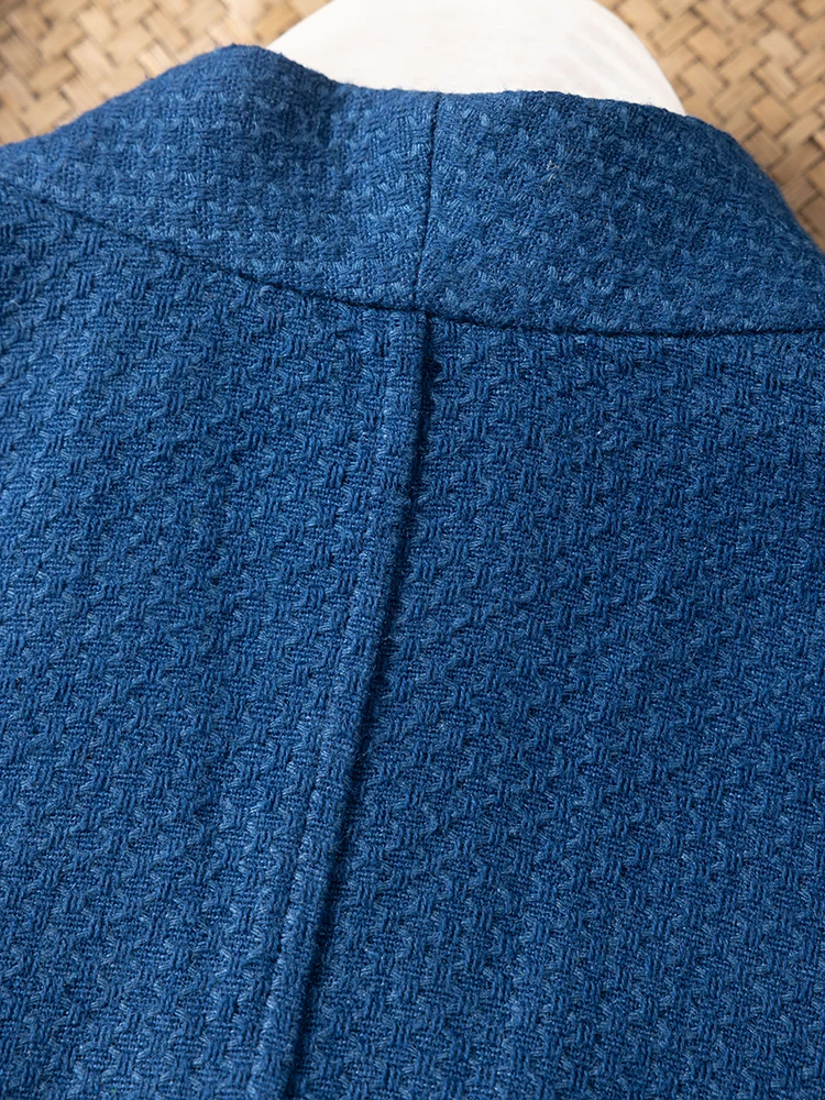 Double Sided Commuting Jacket with Blue Hidden Button 100% Natural Mulberry Silk Grid Design V-neck Hidden Button Jacket