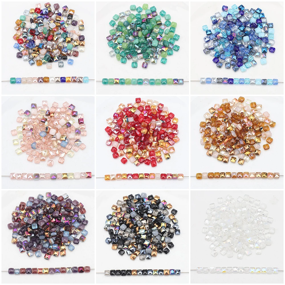 50Pcs 6mm Austrian Crystal Cube Beads Flat Square Shape Glass Loose Beads for Jewelry DIY Making Bracelet Earing Accessories