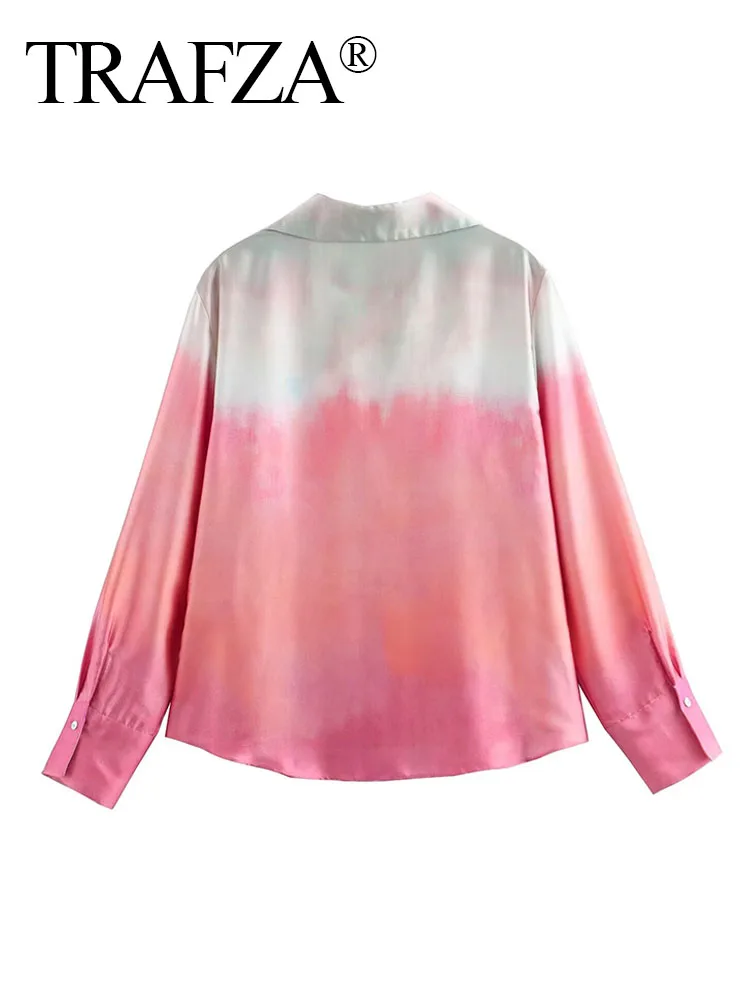 TRAFZA Summer Blouse Woman Trendy Tie Dye Turn-Down Collar Long Sleeves Single Breasted Female Gradient Casual Shirts 2 Color