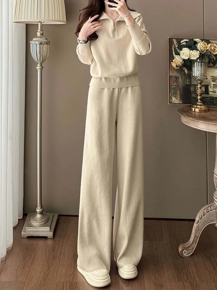 

Повседневный вязаный свитер с полуоткрытым воротником + прямые брюки, комплект из двух предметов, новинка 2025 года, модная осенняя женская одежда