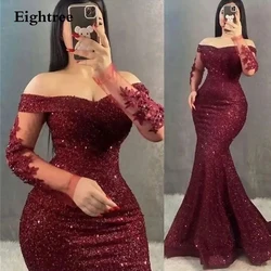 Eightree Shiny Burgundy Long Mermaid Evening Dress Elegant Off Shoulder Appliques Sequined Vestidos De Noche Formal Occasion