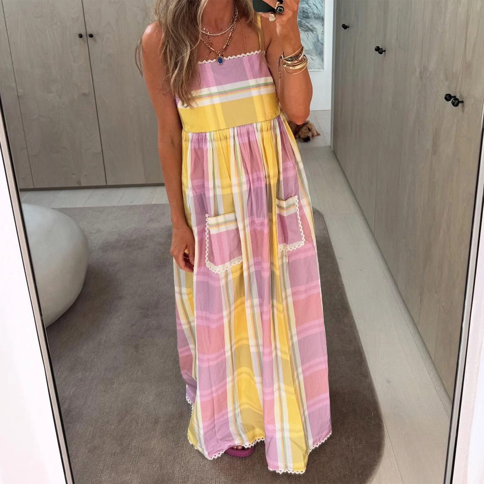 Combhasaki Women Summer Striped Adjustable Thin Spaghetti Straps Ric-Rac Trim Flowy Beachwear A-line Slip Cami Pocket Long Dress