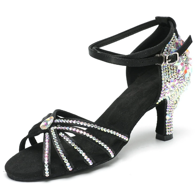 Sapatos de dança latina femininos adultos, novos saltos de strass de cetim 5/7/8cm, sapatos de dança de salto alto