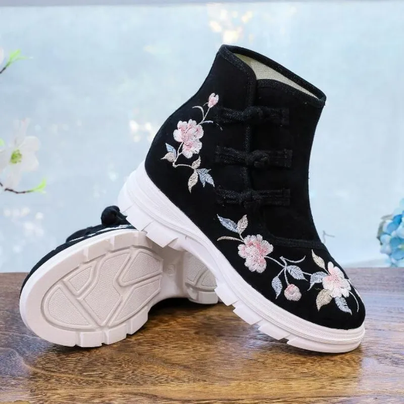 Ethnic Embroidered Women Short Boots Round Toe Casual Autumn Shoe with Buttons Girls Height Increased Vintage Ankle Booties