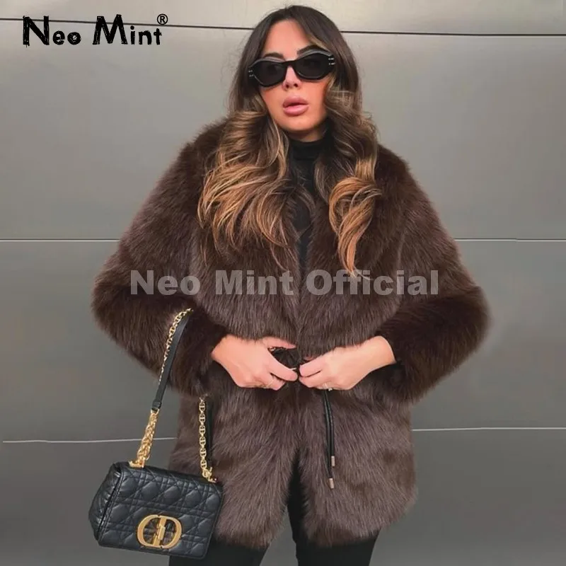 

Neo Mint 2025, зимнее горячее коричневое пальто из искусственного меха с поясом, женская толстая теплая длинная куртка из лисьего меха, шикарное брендовое модное меховое пальто для девочек