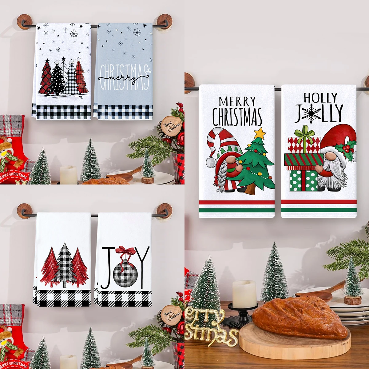 Christmas Tree Kitchen DishTowels Green Buffalo Plaid Xmas Tree Dish Towels Drying Cleaning Cloth Farmhouse Home Noel Decor