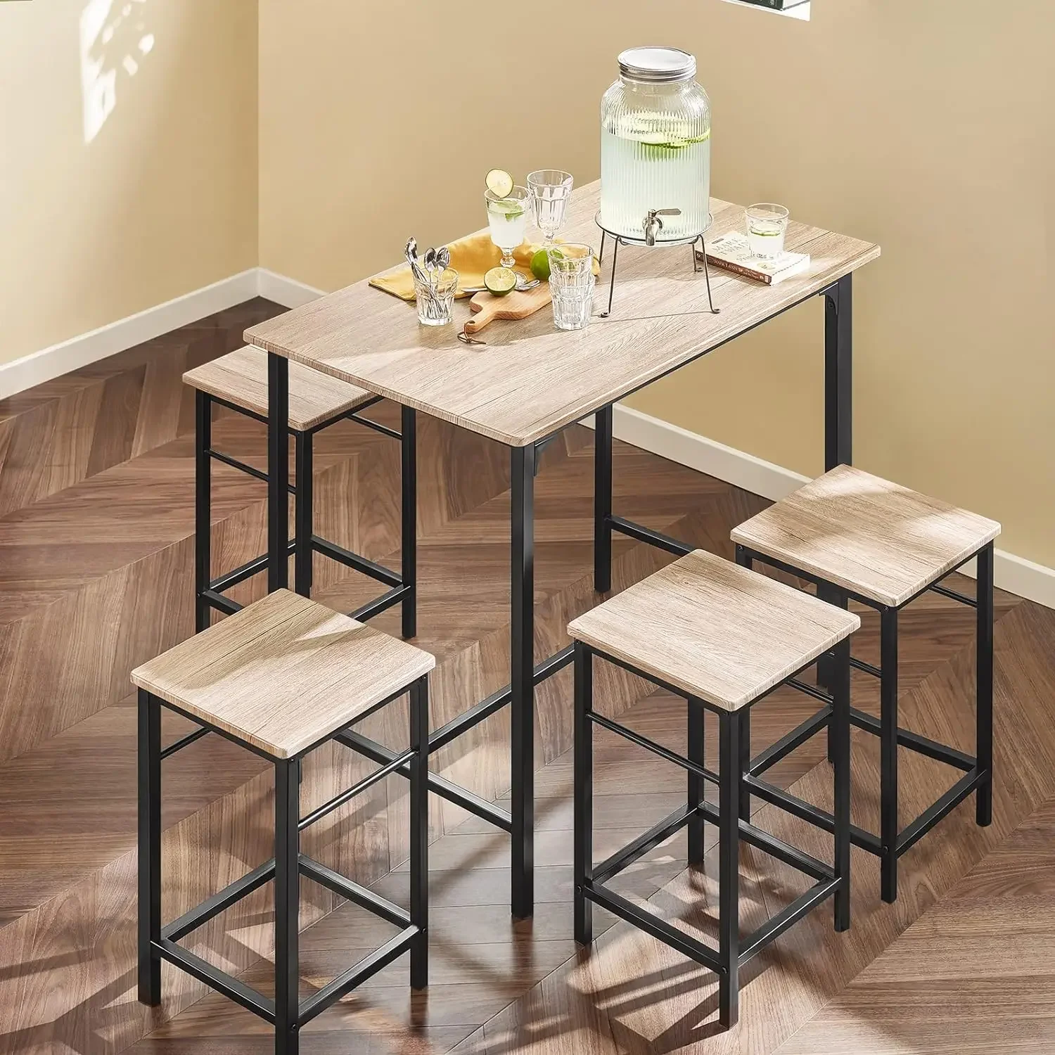 Bar Set-1 Bar Table and 4 Stools, Home Kitchen Breakfast Bar Set Furniture Dining Set-OGT11 (Natural)