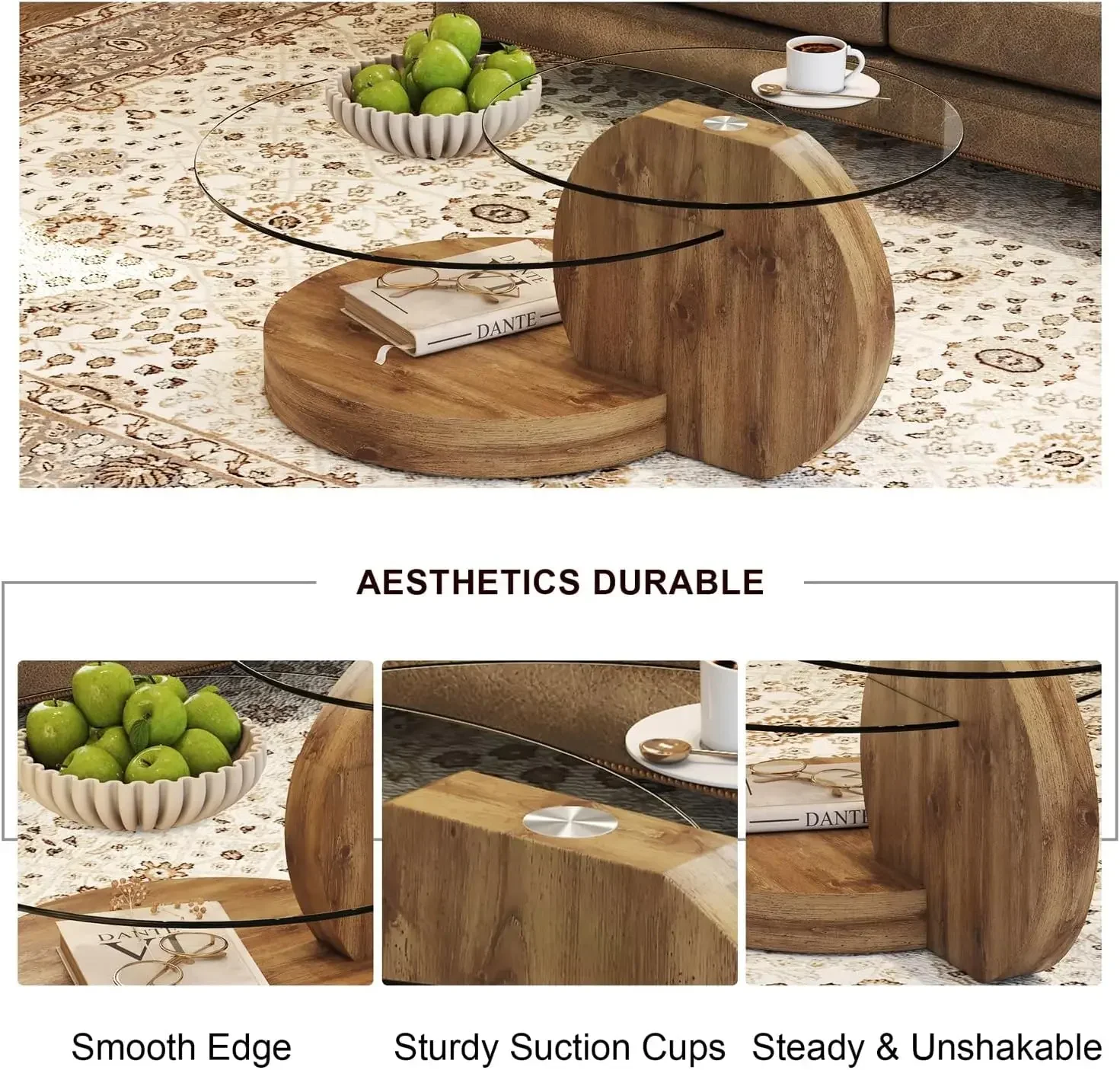 Glass Coffee Table,Modern Round Tempered Glass Coffee Tables for Living Room,3-Tier Circle Wood Coffee Table with Cocktail Table