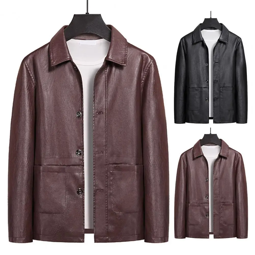 

Spring And Autumn Men's Motorcycle Leather Jacket Casual Stand Collar Solid Color Windproof Faux Leather Jacket Zip Up PU Coat