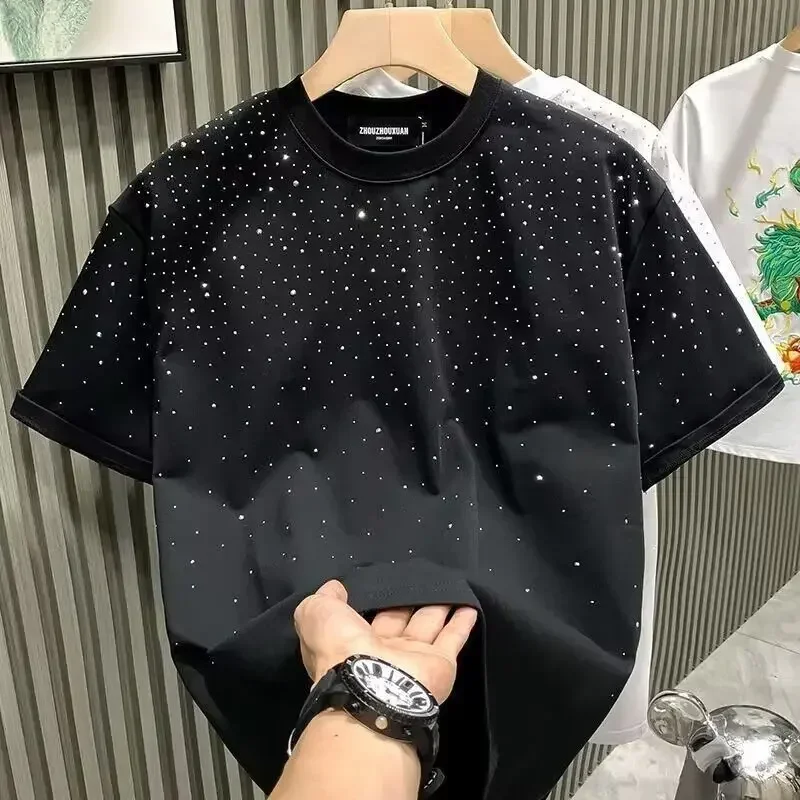 Summer Rhinestone Rivet T-shirt for Men Clothing Round Neck Casual T-shirt Fashion High Street  Men's Summer Short Sleeves