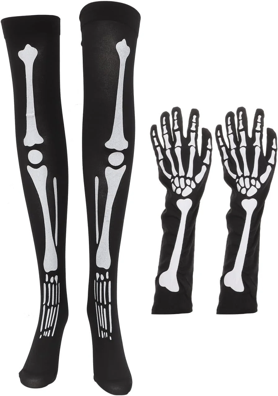 

Носки выше колена (для косплея), модные носки с рисунком вперед, носки до бедра с черепом, перчатки из кости Хэллоуина