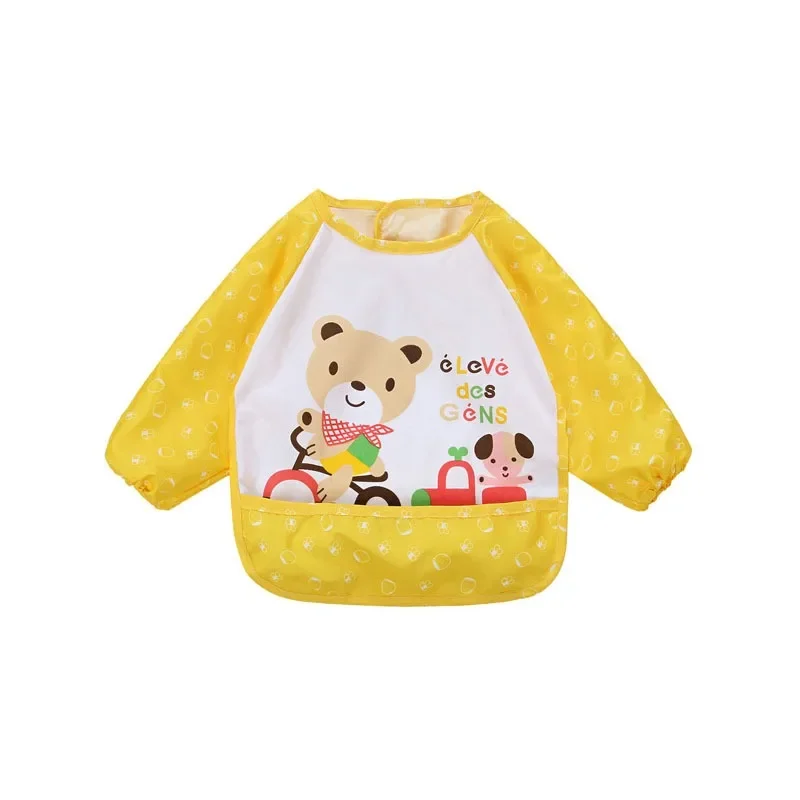 Cartoon Rabbit Lion Baby Bibs for Children Feeding with A Food Waste Pocket Waterproof Long Sleeve Apron Smock Burp Clothes 1-3Y