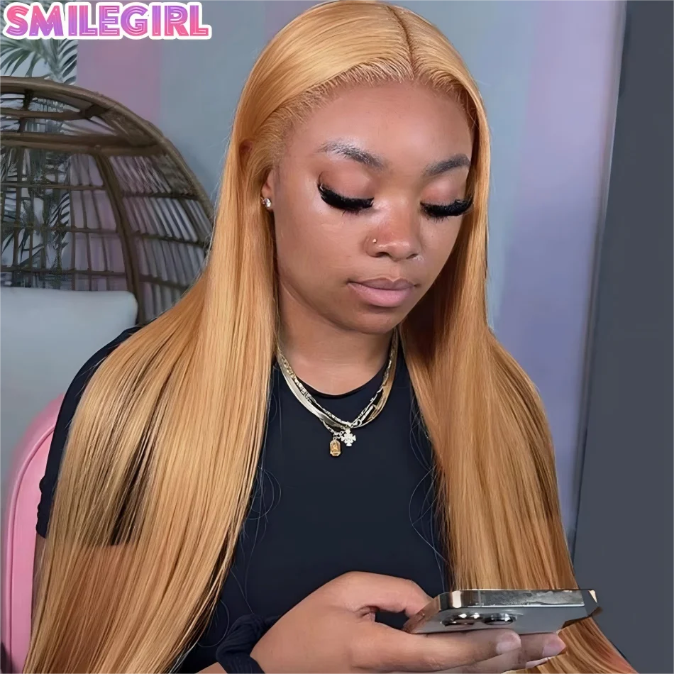 

27-й номер: Медово-золотистый парик из натуральных прямых волос 13x4, окрашенный, с HD-кружевной передней частью 13x6, бразильские парики, оригинальные, 32-36 дюймов, плотность 250%