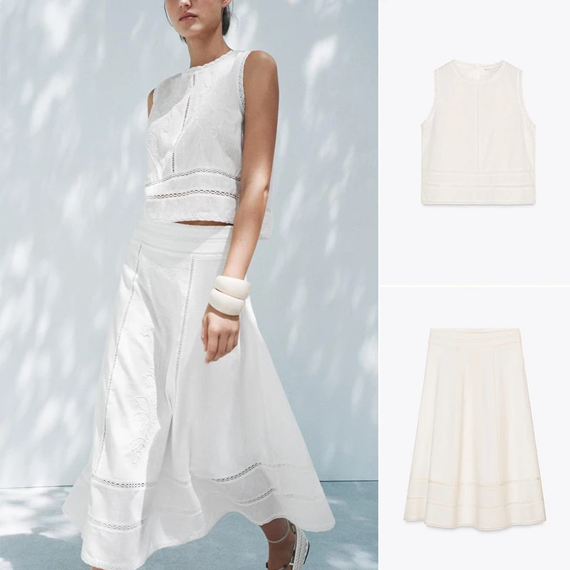 

Хлопковая юбка-миди трапециевидной формы с высокой талией и круглый топ с вышивкой Ne, женский комплект Faion, коллекция лета 2025 г.