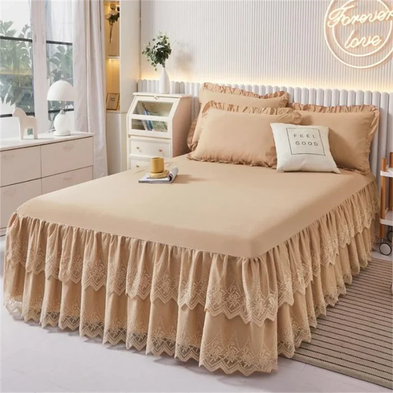 Korean Style Lace Bed Skirt Solid Color Wrap Around Dust Ruffle Bedskirt - Easy Fit Elastic Strap - Wrinkle Free, Machine Wash