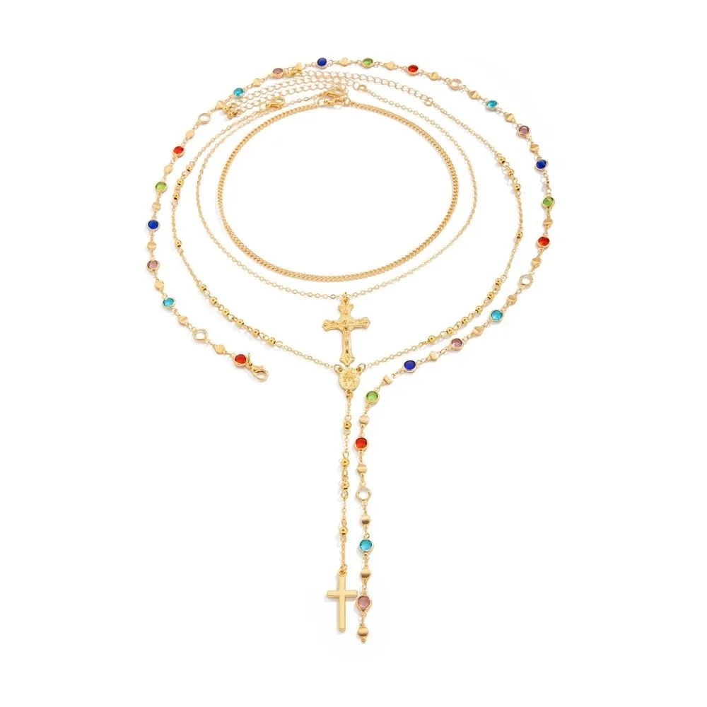 حجر الراين المعادن مكدسة قلادة الأزياء Y على شكل قلادة الصليب قلادة مجموعة خمر نمط النحاس مكدسة سلسلة الترقوة