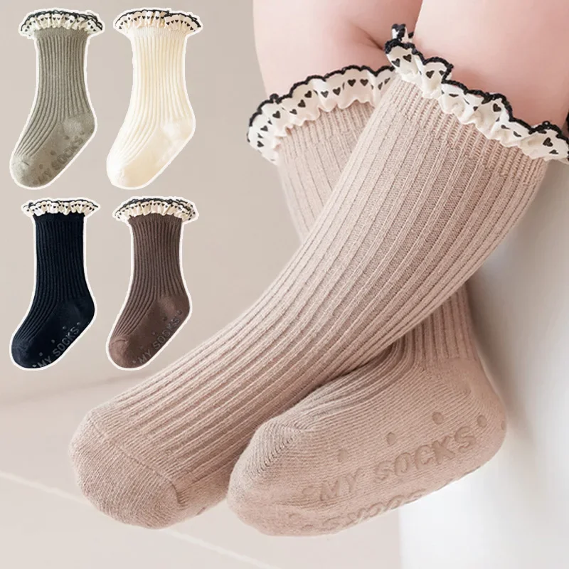 Autumn Baby Girls Socks Combed Cotton Heart Lace Princess Sock Newborn Anti-Slip Floor Socks Toddler Infant Accessories 0-3Y