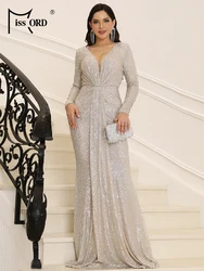 Missord Silver Sequin Guest Wedding Party Dress Elegant Women Long Sleeve V-neck Draped Prom Evening Dresses Back Cutout Gown