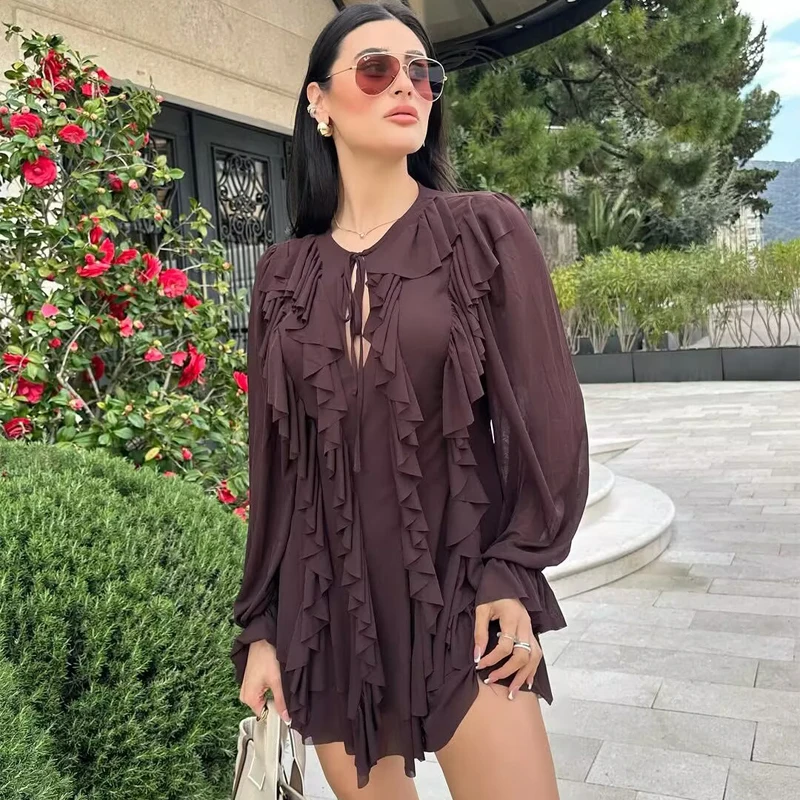 Hxao vestidos curtos 2025 mulher babados dobras vestidos de verão em camadas com decote em v vestidos de manga longa feminino marrom mini vestido de festa