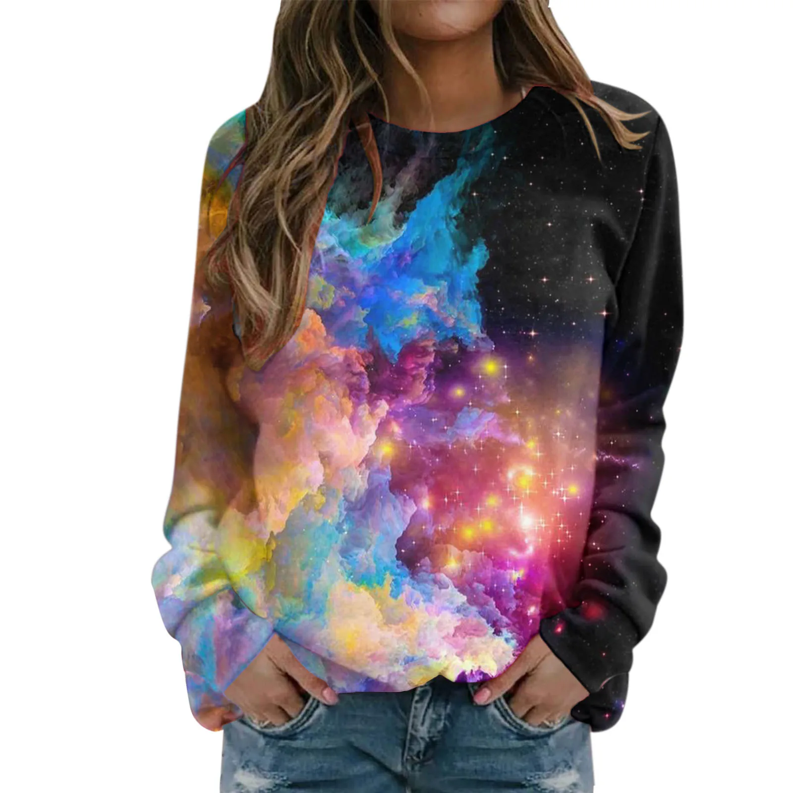 Camisola de Gola Redonda para Mulheres, Impressão Digital, Céu Estrelado, 3D, Novo, Outono, Inverno, 105-129