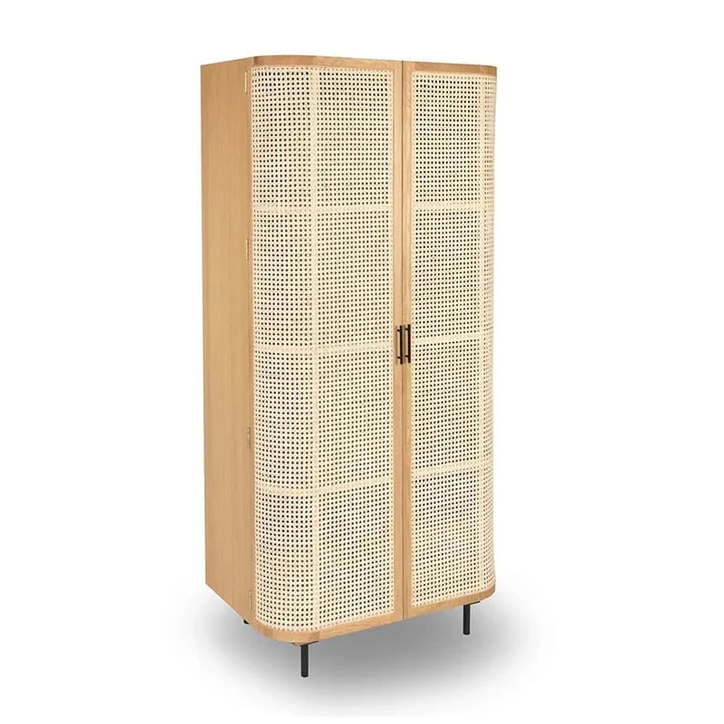 

Nordic solid wood rattan wardrobe home bedroom retro storage cabinet designer ash wood double door floor-to-ceiling wardrobe