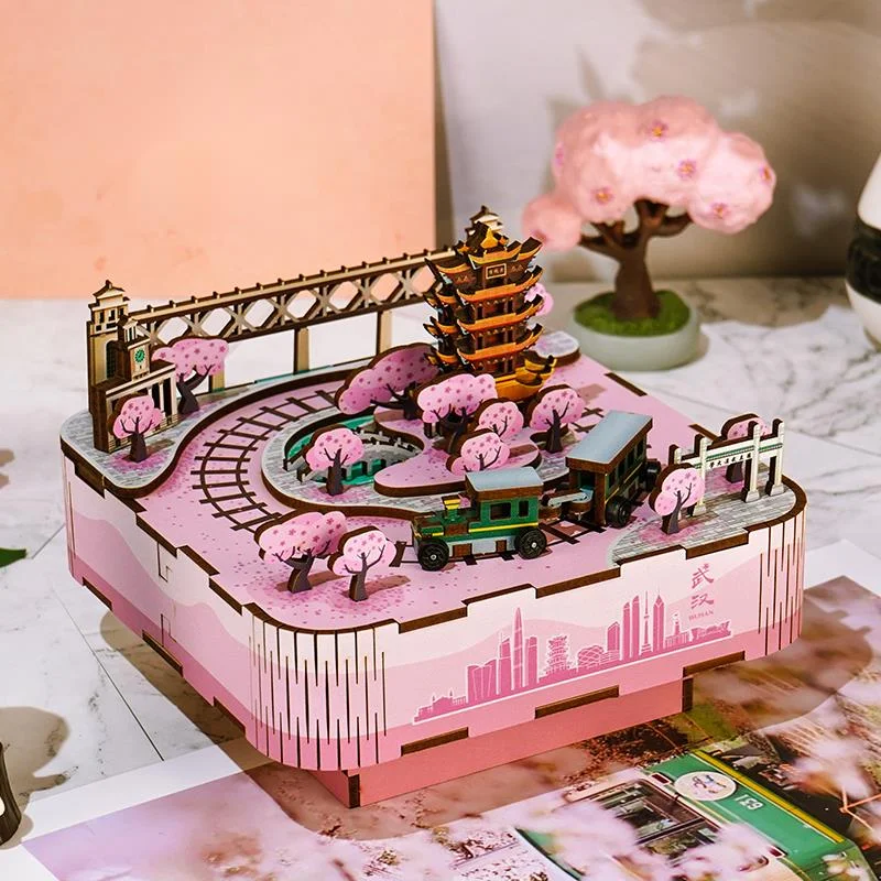 

New diy wood cherry blossom music box house doll kit miniature mobile train toys for adult girls birthday gifts