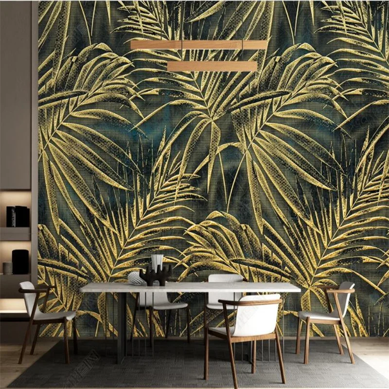 

Golden Embossed Tropical Plant Leaves 3D Wall Paper Modern Minimalist Custom Wallpaper For Home Decor Mural Sofa Bedroom Decor