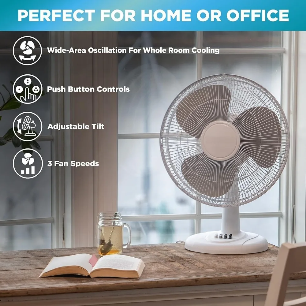 16” Oscillating Table Fan with Adjustable Tilt, Convenient Push Button Controls, Quiet, 3 Speed, Desk Fan, Airflow 15.75 ft/sec