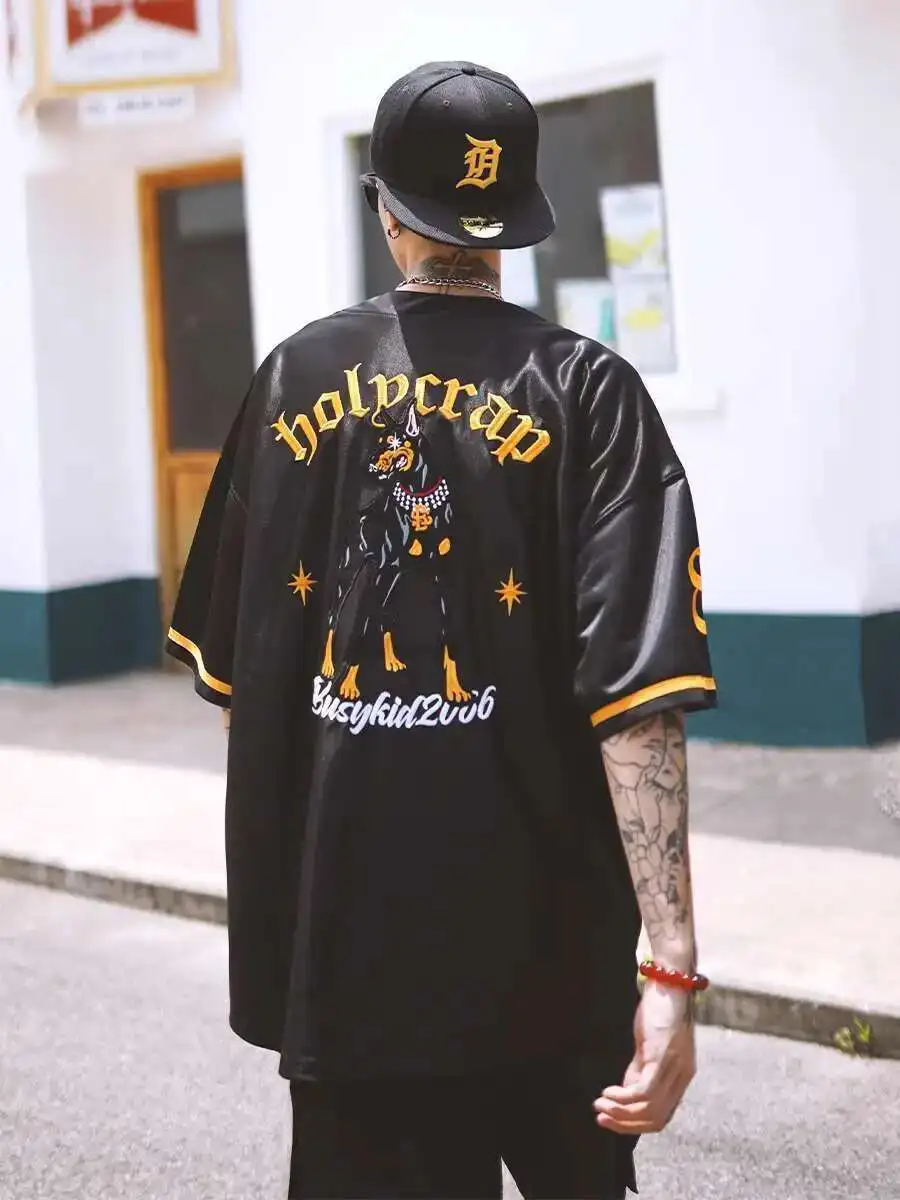 

Summer Glossy Men Women Embroidery Baseball Jersey Short Sleeve T shirt Plus Size Purple Top Shirt Streetwear
