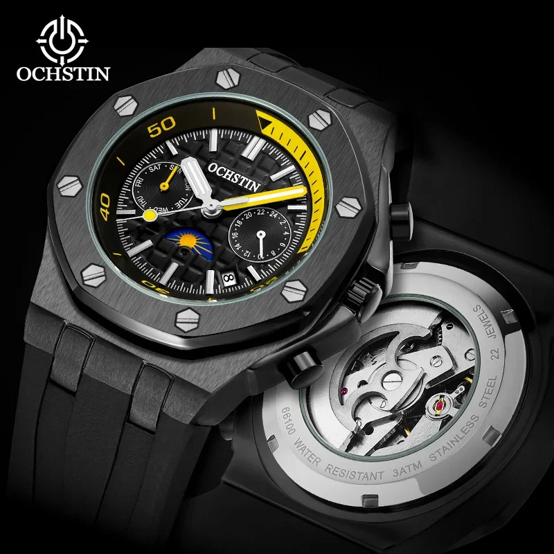 OCHSTIN 2027 NEW Men's Fully Automatic Mechanical Watch Moon Phase Calendar Chronograph Sports Watch Silicone Strap Waterproof